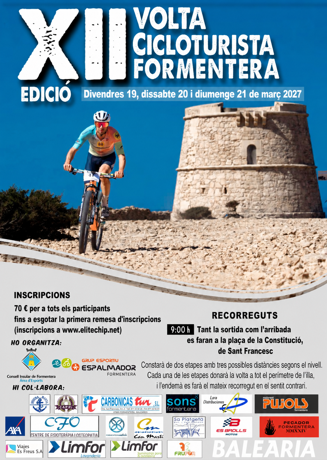 Cartel de la XII Volta Cicloturista Formentera: viernes 19, sábado 20 y domingo 21 de marzo de 2027, con información de recorridos, organización y colaboradores